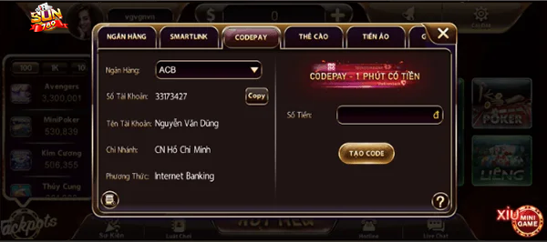 Nạp tiền Codepay SUN789 an toàn, đáng tin cậy
