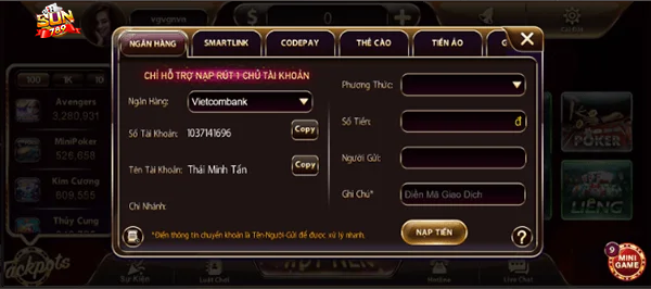 Nạp tiền ngân hàng Sun789 nhanh chóng