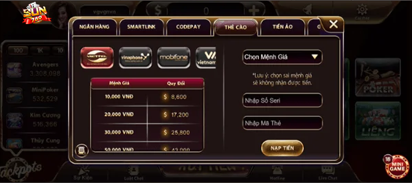 Nạp tiền thẻ cào điện thoại Sun789 nhiều ưu đãi hấp dẫn