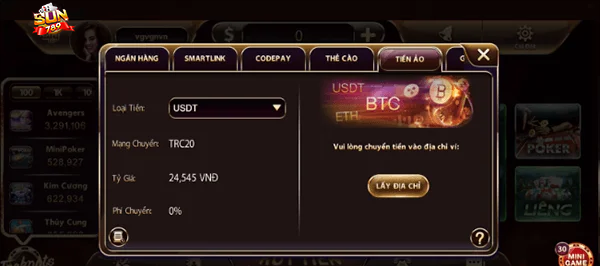 Nạp tiền USDT Sun789 nhanh chóng, tiện lợi