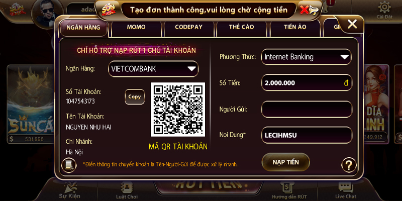 Hướng dẫn các bước nạp tiền Sun789 bằng tài khoản ngân hàng