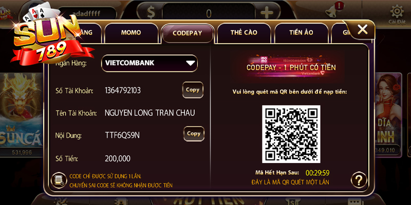 Hướng dẫn nạp tiền Sun789 bằng hình thức Codepay